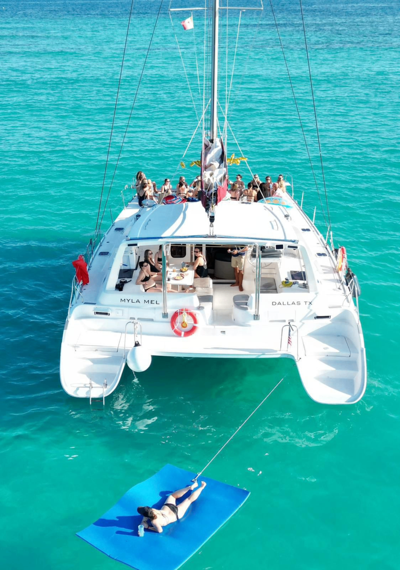 Aerial of a private catamaran on Caribbean water