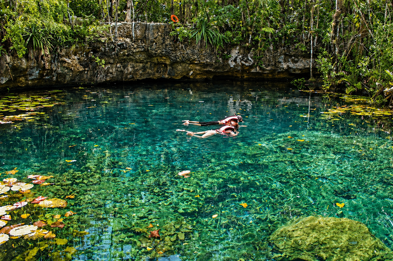Snorkeler floating in a clear jungle cenote