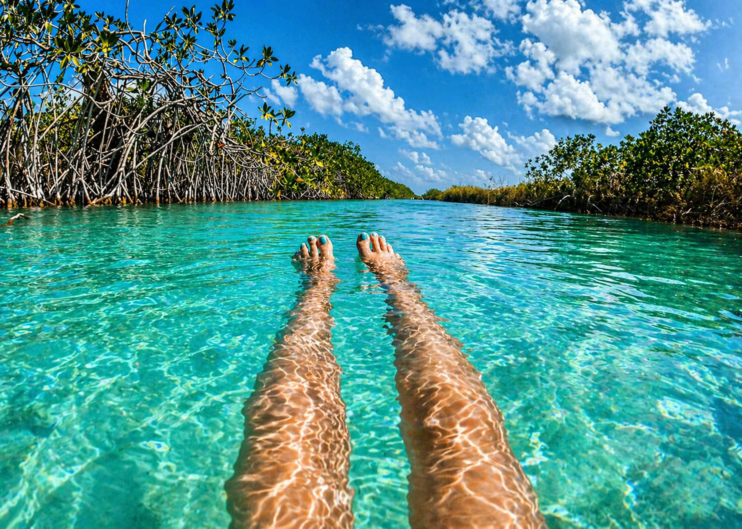 Feet floating above clear lagoon water